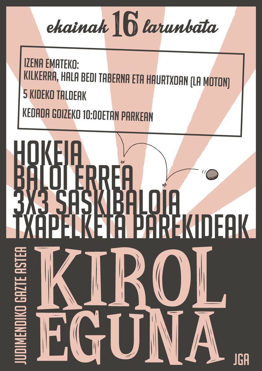 JudimendikoGA's tweet photo. Ek 16 - 🤸‍♀️KIROL EGUNA🤸‍♂️ - Txapelketa Parekideak

Gorputza mugitu dezagun, 10:00etatik aurrera Parkean. 5 kideko taldeetan bildu eta Izena eman Kilkerra, Hala Bedi edo Haurtxoan
🏒 Hokeia
🔥 Baloi Errea
🏀 3X3 Saskibaloia https://t.co/TD8PVztceI