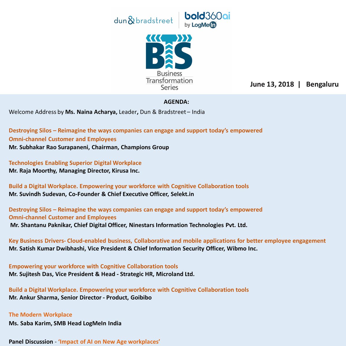 DNB_India's tweet photo. Our esteemed panelists for D&amp;B's Business Transformation Series 2018 in association with @LogMeIn on June 13, 2018 in Bengaluru. The discussion will revolve around enabling superior digital workplace. #BTSWithDNB  #GrowWithDNB @sabanicky @riothere @Logmein @tweetingde https://t.co/KWfR159zfD