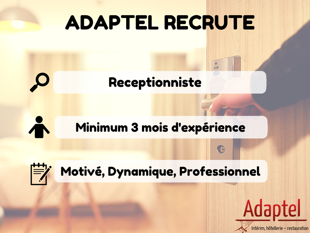 adaptel_paris's tweet photo. Nous recrutons un(e) #réceptionniste pour un de nos clients en #IDF. CV à envoyer sur : contactbarboux@adaptel.fr #emploi #interim #hôtellerie https://t.co/7q2RsboZi9