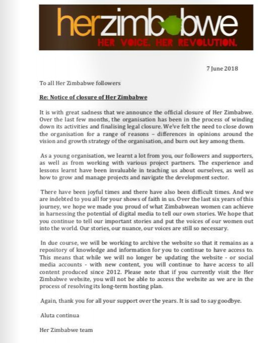 Her Zimbabwe Notice of Closure bit.ly/2Mn6VRo Thank you all for your support.