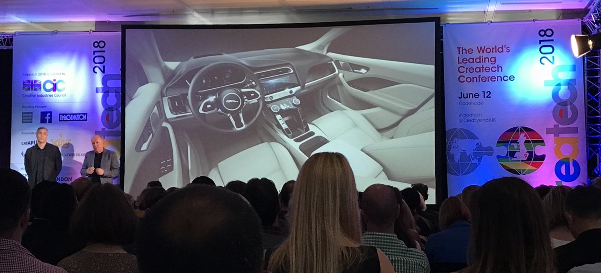 MowatUKUS's tweet photo. Brilliant case study at #Createch2018 on how @ImaginationLabs #VR capabilities brought @JLR_News original Jaguar I-Pace Concept to life. Amazing stuff. #Jaguarelectrifies #Zeroemissions #InnovationisGREAT https://t.co/hpXRSN3vCR