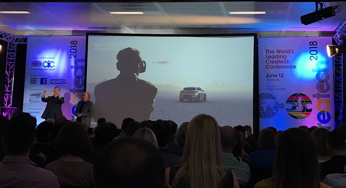 MowatUKUS's tweet photo. Brilliant case study at #Createch2018 on how @ImaginationLabs #VR capabilities brought @JLR_News original Jaguar I-Pace Concept to life. Amazing stuff. #Jaguarelectrifies #Zeroemissions #InnovationisGREAT https://t.co/hpXRSN3vCR