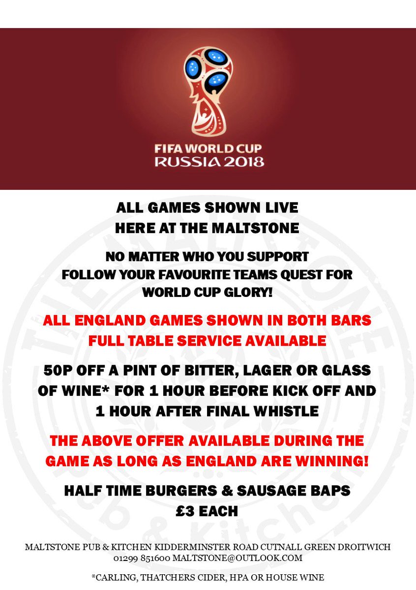 TheMaltstone's tweet photo. Don't forget #Russia2018 #WorldCup kicks off this Thursday! First @England game kicks off 7pm on Monday! ⚽️⚽️⚽️⚽️ https://t.co/VDtpt4Nmkz
