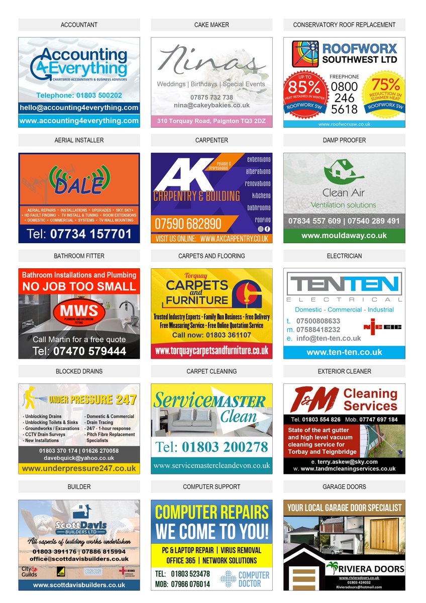 LocalTradesTQ's tweet photo. Here is the latest edition of Local Trades Torbay. As usual, a huge thank you to all the local businesses taking part. @Torbay_Hour @BoostTorbay @Devon_Hour @newtonabbothour https://t.co/QsXtPbLH8x
