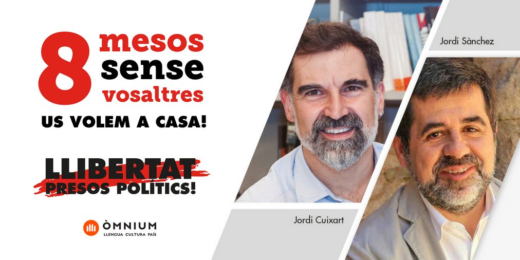 omnium's tweet photo. Avui que fa 8 mesos que estàs tancant injustament a la presó, @jcuixart, et tornarem a escollir com a president de l'entitat. Esperem que aviat tu i en @jordialapreso, i la resta de presos i exiliats polítics, torneu a casa amb nosaltres.

#LlibertatPresosPolítics https://t.co/FjBxZYEXBD