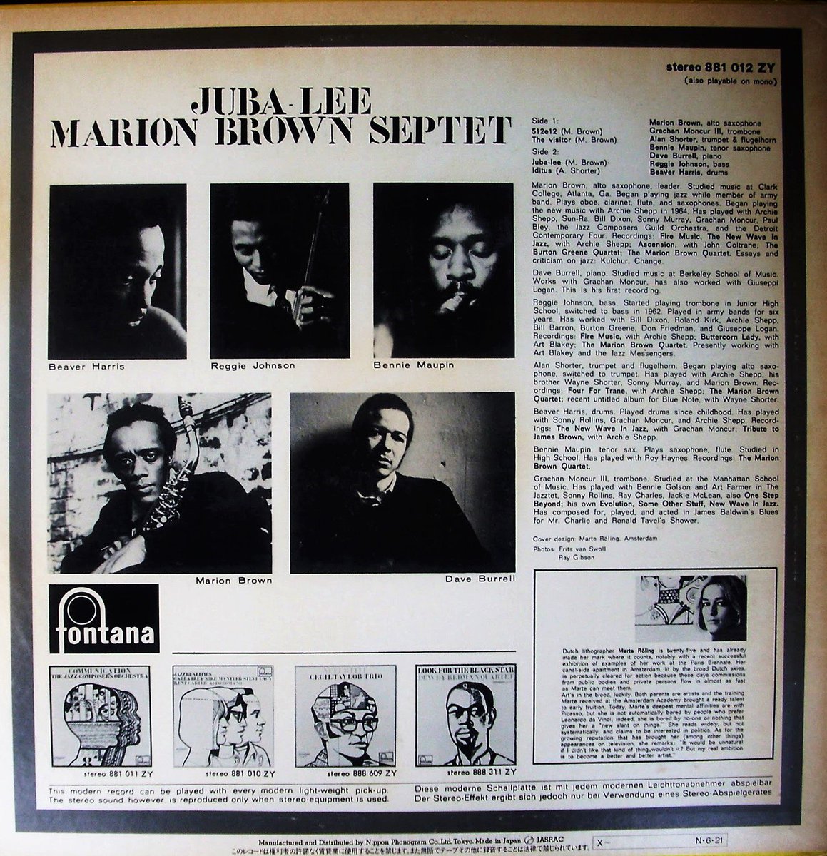 karyobin014's tweet photo. #MarionBrown Septet – Juba-Lee Fontana🇳🇱 – 881 012 ZY 1966
https://t.co/gnZcQtumpS #FreeJazz
#MarionBrown – alto sax🎷
#BennieMaupin – tenor sax🎷
#AlanShorter – trumpet🎺
#DaveBurrell – piano🎹
#GrachanMoncurIII – trombone
#ReggieJohnson – bass
#BeaverHarris – drums https://t.co/AWPP6BsXI5