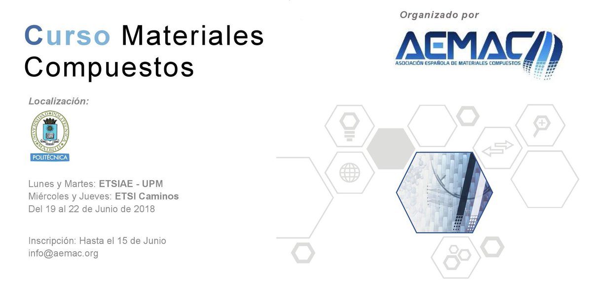 aeroespacialUPM's tweet image. Últimos días para inscribirte en el 1er Curso Presencial de #MaterialesCompuestos de @AEMAC_: “#Modelización y #Fabricación de #Estructuras de Material Compuesto con #Preimpregnados”
18-21 de Junio en #ETSIAE y @caminosupm de @La_UPM
+ INFO: eventbrite.es/e/entradas-cur… @Eventbrite