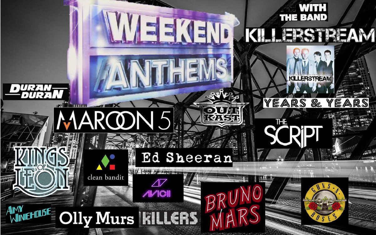 Saturday 16th June
THE WEEKEND ANTHEMS - FEATURING KILLERSTREAM
Our favourite covers band are back!
Featuring 80s classics and modern greats including Maroon 5, Bruno Mars, The Weeknd, Years And Years, Clean Bandit, Kings Of Leon, Train, The Script, The Killers and many more! RR