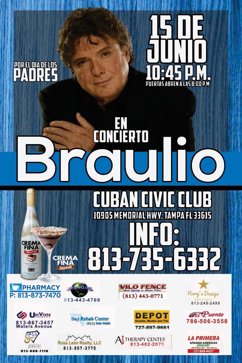 CremaFina's tweet photo. ¡Tanto sucediendo esta semana!
La Copa! Un Concierto! 
Quedas Atentos!
Primero! 
Por El Día de los Padres!
¡Braulio!
15 de Junio 2018!
Puertas 8:00 PM
Concierto 10:45 PM
Cuban Civic Club
10905 Memorial Hwy.
Tampa, Florida, USA!
🎶🔊Crema y Concierto!🔊🎶 https://t.co/OseH7WFp78