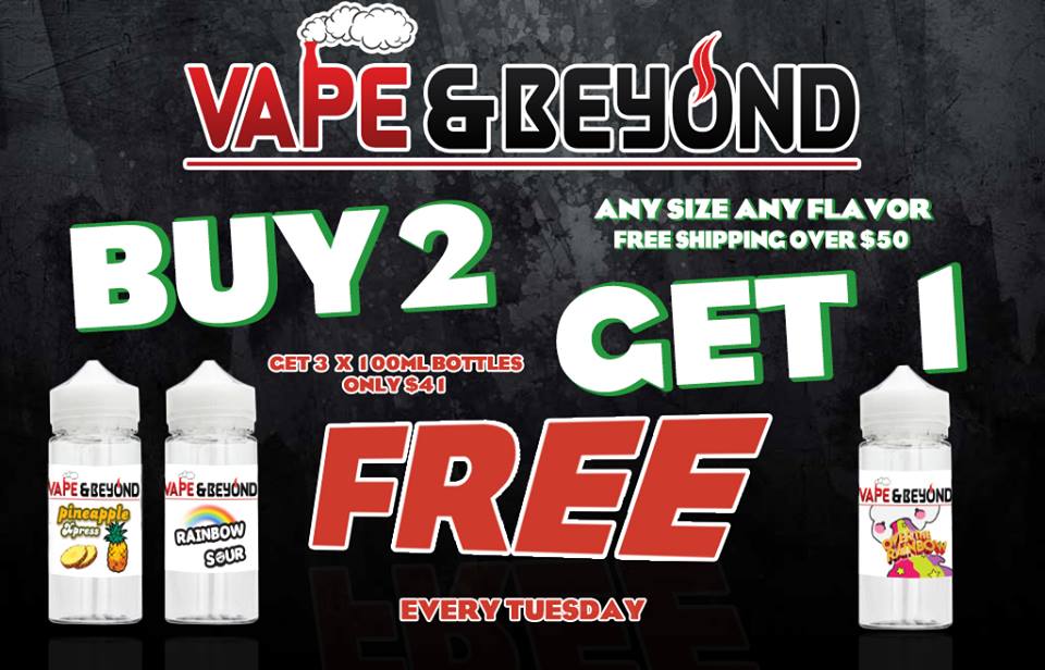 VapeAndBeyond's tweet photo. BUY 2 GET ONE FREE ON ALL E-LIQUIDS . Order online at https://t.co/ZPXEVfIbfX  . All Flavors and all sizes. Retweet to be included in our weekly 100ml Giveaway. #vape #vaping #ejuice #vapers https://t.co/bZrJEWMqh0