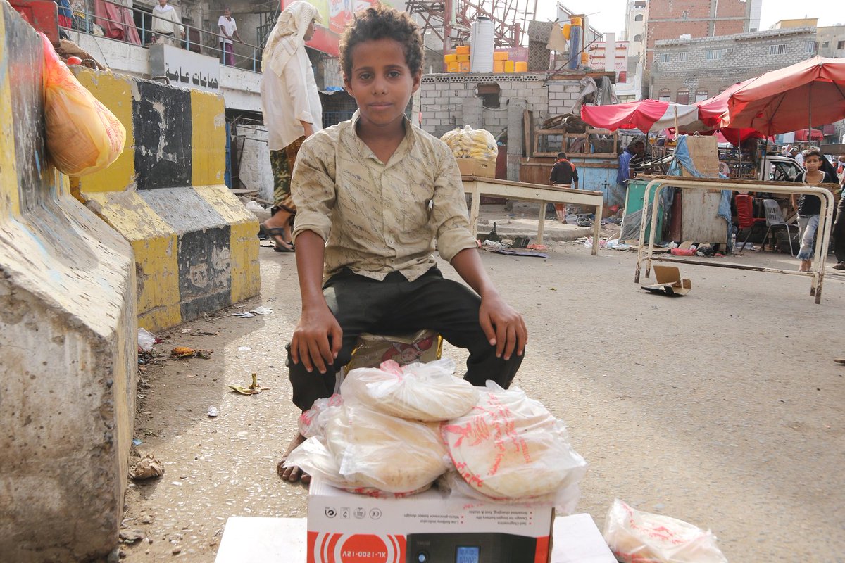 “I work, work and work since I was born.  I wish I can wear school uniform, carry bags and books like other children. I have many wishes but the fact is that I am still here selling bread,” says Rashid Galal, 11, a displaced child from Taiz working in Aden. #NoChildLabour. #Yemen