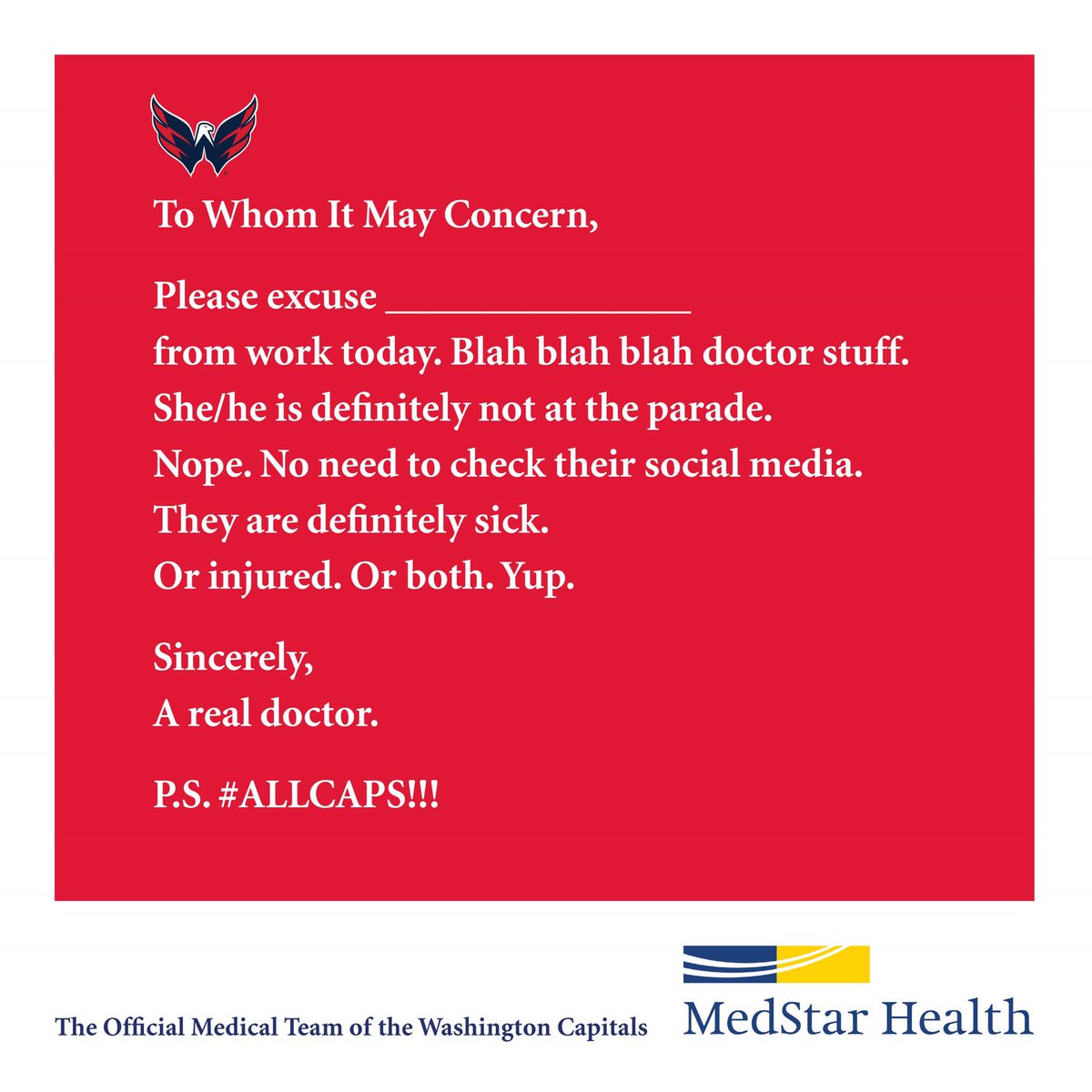 Having trouble getting out of work?

Out of office cc: <a href="/MedStarHealth/">MedStar Health</a> 

#ALLCAPS #StanleyCup