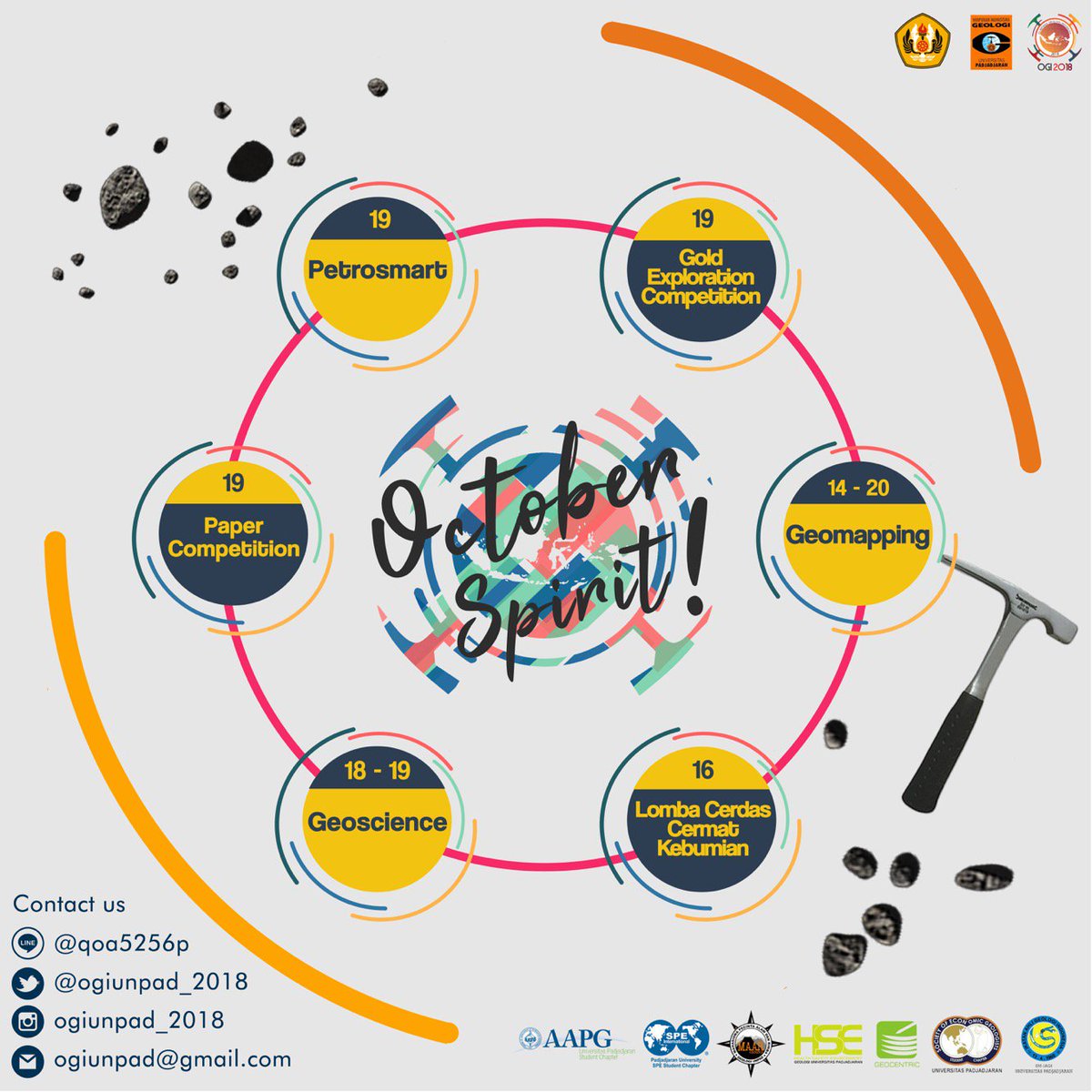 OGIUNPAD_2018's tweet photo. [[ OCTOBER SPIRIT ! ]]

Hello fellow geologists!!

OGI 2018 is coming, but do you know all of  it’s competitions? If you don't, then check out this poster for information about all competitions that will be held on October.

#OGI2018 https://t.co/DgO729m7MB