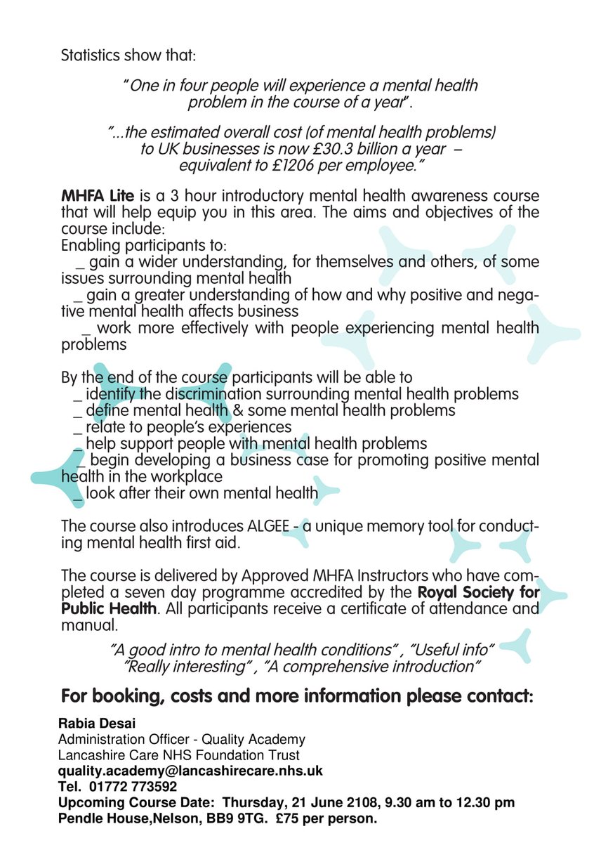 WeAreLSCFT's tweet photo. We are offering a Mental Health First Aid Lite course that is open to members of the public and staff alike. The course is delivered by our staff who have been accredited by Royal Society for Public Health.  For booking, costs and more information, visit https://t.co/NENJqHkgDN https://t.co/Hr1ZvanKAo