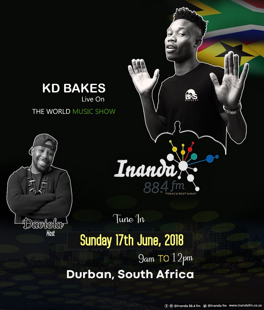 BKSRecordz's tweet photo. Tune in to Inanda FM 88.4, This coming Sunday 17th June, 2018 to listen KD Bakes live one The World Music Show straight from Durban KZN, South Africa ๐ฟ๐ฆ. Or you can still stream live using this link: https://t.co/2NvBpRN6wS. #CarryMeAway #BKSRecordz #Breed #LayKay.โ ๐ฅ https://t.co/twf07flUfZ