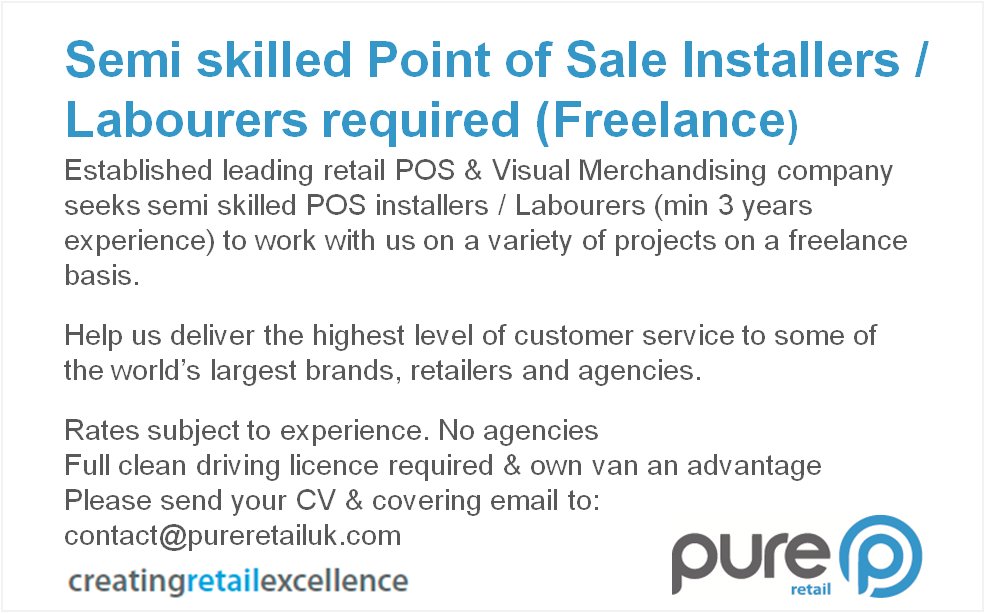 PurePOSLtd's tweet photo. Seeking semi-skilled POS installers / labourers for a variety of upcoming projects #Freelancejobs #visualmerchandising #retail #pointofsale #jobs #contractjobs #job #jobopening #Leicestershire #lutterworth https://t.co/GHbBDtsCKn