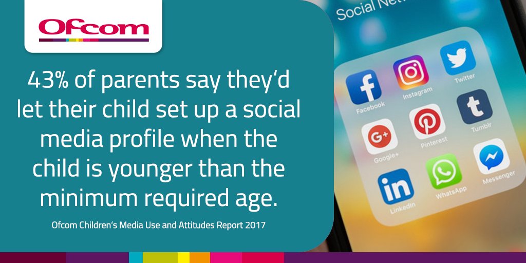 Ofcom's tweet image. Many parents are unaware of - or choose not to apply - the minimum age limits for children on different social networks. Check our guide for advice on getting more clued up on social media and protecting your child online: ofcom.in/protectchildigi #NetAware