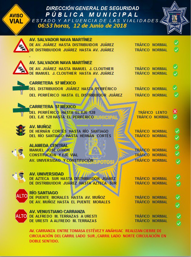 SPM_SLP's tweet photo. Este martes, la Policía Municipal de la capital,  informa que solamente el Río Españita amanece cerrado a la circulación vehicular a raíz de las últimas precipitaciones pluviales que cayeron en la ciudad y su zona metropolitana. 
Hay encharcamientos que dificultan la circulación. https://t.co/vF0J8ux1is