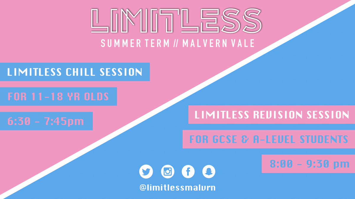 limitlessmalvrn's tweet photo. BACK TONIGHT!
▪️
Limitless Chill Session // 6:30-7:45pm // 11-18’s
▪️
Limitless Revision Session // 8:00-9:30pm // GCSE &amp; A-Level Students
▪️
Malvern Vale Community Centre
▪️
Everyone welcome! #LimitlessFam https://t.co/5GAQDmxeVW