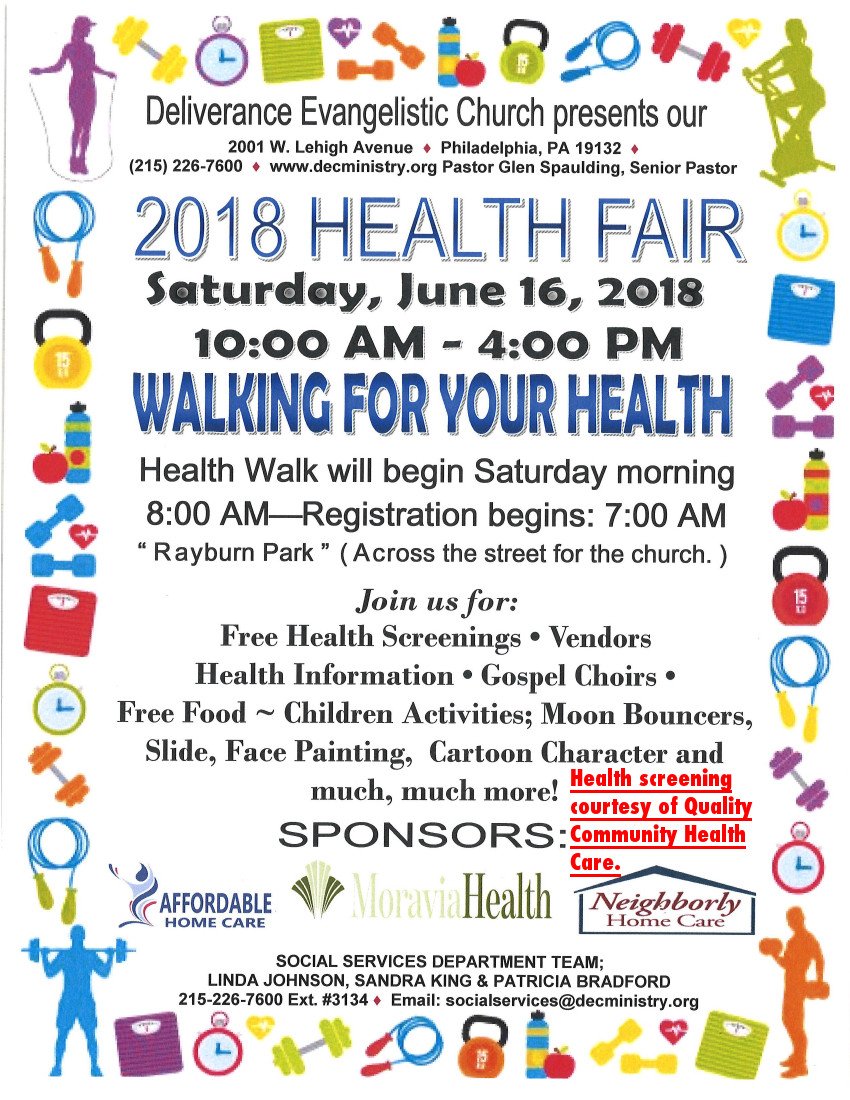 Qchc2501's tweet photo. 2018 HEALTH FAIR , JUNE 16TH,2018 10AM-4PM 

QUALITY COMMUNITY HEALTH CARE WILL BE PROVIDING FREE HEALTH SCREENING. #HEALTHCARE #PHILLY #HEALTHSCREENING #HOSPITAL #clinic https://t.co/1Ahn4JZWGs