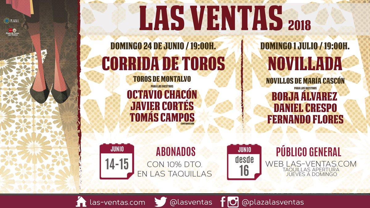 🎟️ | Info de venta de entradas para los dos nuevos festejos anunciados hoy. Corrida de toros del 24 de junio y novillada del 1 de julio en #LasVentas

👉 14 y 15 junio, abonados
👉 Desde 16 junio, público general