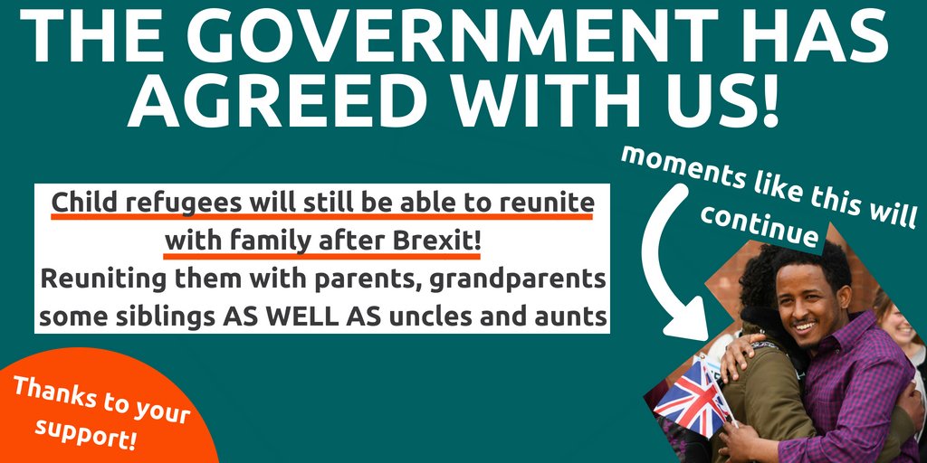 We did it✊ A legal route to safety for child refugees in Europe is being kept open after Brexit. A special thank you to <a href="/AlfDubs/">Alf Dubs</a> <a href="/YvetteCooperMP/">Yvette Cooper</a> @NickyMorgan01 &amp; <a href="/heidiallen75/">Heidi Allen</a> for your tireless campaigning

Thanks to everyone for standing up for a child's right to family reunion