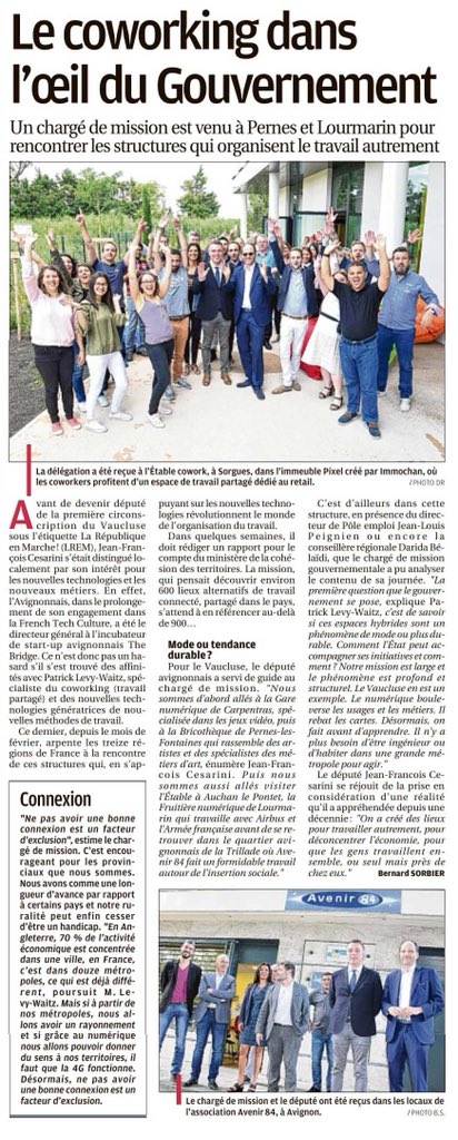 Article <a href="/laprovence/">La Provence</a> sur les nouveaux lieux de travail collaboratif et numérique sur notre Grande Provence et sur le pays pour une nouvelle décentralisation. 

Merci <a href="/plevywaitz/">Patrick Levy-Waitz</a> pour son expertise 
<a href="/J_Denormandie/">Julien Denormandie</a>