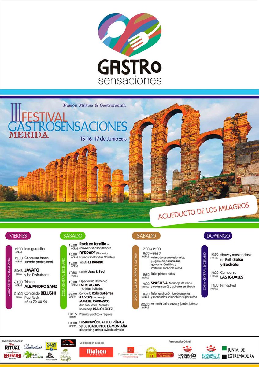 ayto_merida's tweet photo. Este fin de semana, del 15 al 17 de junio, se celebra el III Festival Gastro Sensaciones, en el Parque del Acueducto de Los Milagros, fusión de música y gastronomía con diversas actividades https://t.co/03fpzCxdPJ