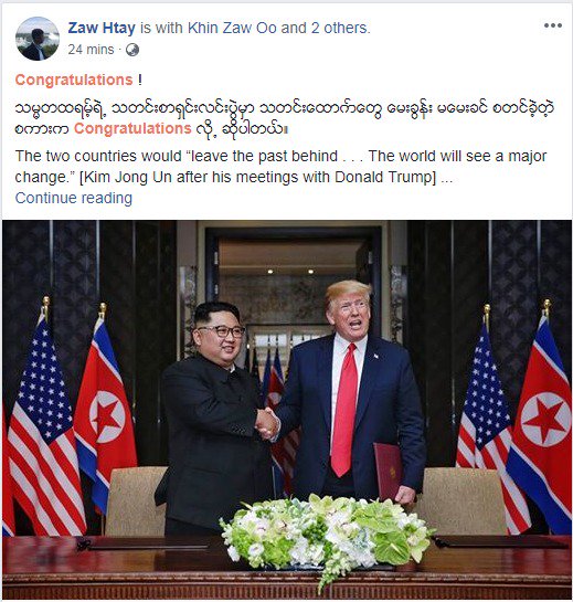MayWongST's tweet photo. #Myanmar govt spokesman Zaw Htay says #US #NK #Trumpkimsummit that concluded in #Singapore has brought "good results &amp; outcomes" to the world. Says if #NKorea accepts tourists, millions can be expected to visit.This 1st brave step past the difficulties can bring hope to #NKoreans https://t.co/6Qc9VoBJMQ