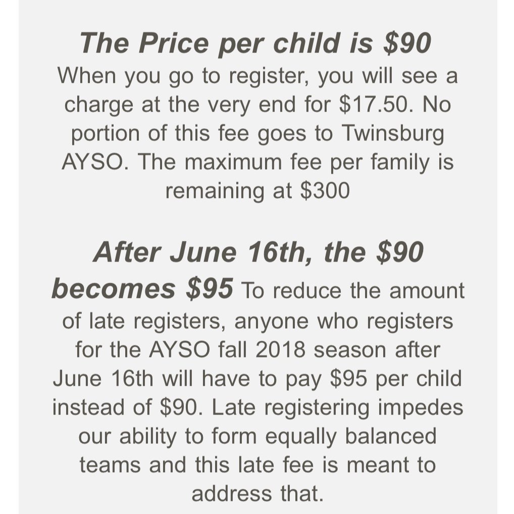 ayso1026's tweet photo. Register today for Fall soccer! Prices for AYSO increase Saturday. 

To register online, go to our website, https://t.co/MKlRgcPrK1 and click “Register Now” in the upper righthand corner https://t.co/0qCXjGqbcX