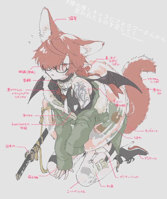 #裸の推しキャラにフォロワーさんから言われたものを足してく 
ヤッター!混沌としてます!? 
