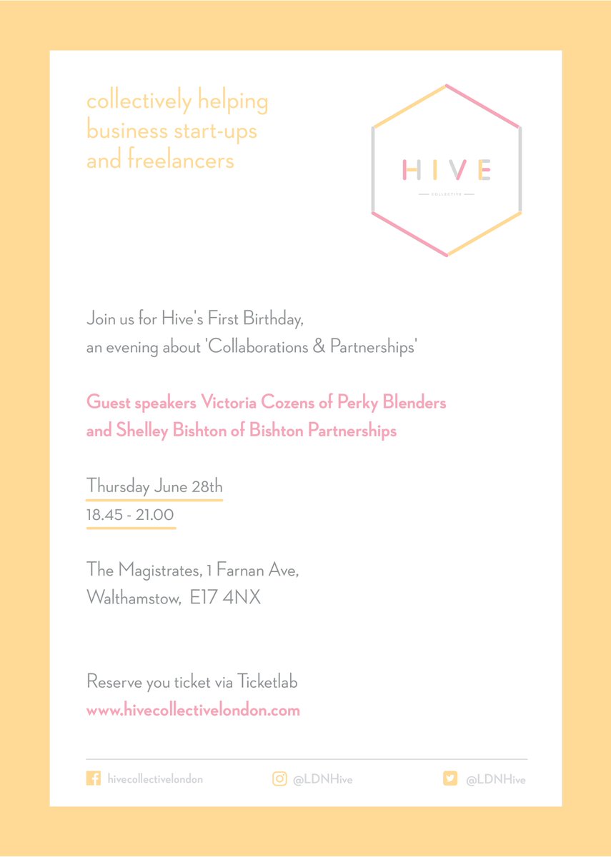 Join @ldnhive for their birthday &amp; networking event at The Magistrates with guest speakers Victoria <a href="/perkyblenders/">Perky Blenders Coffee Roasters</a> &amp; Shelley from Bishton partnerships ➳ ticketlab.co.uk/event/id/1530/… @pbmagistrates @shelleybishton #Walthamstow #WalthamForest