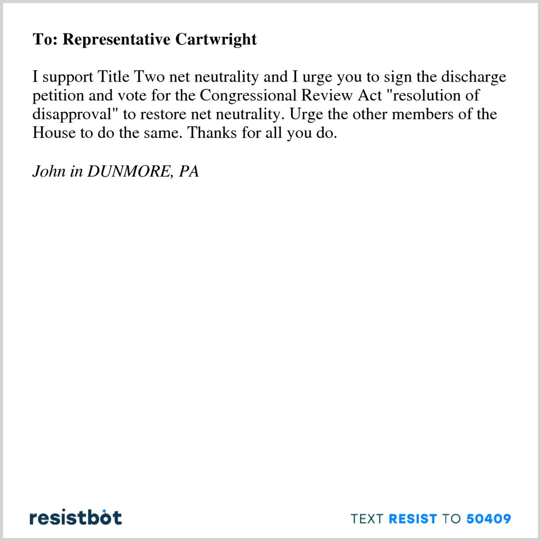 openletterbot's tweet photo. Here’s an open letter from John in Dunmore, PA to @RepCartwright #NetNeutrality https://t.co/B5thov5BIr