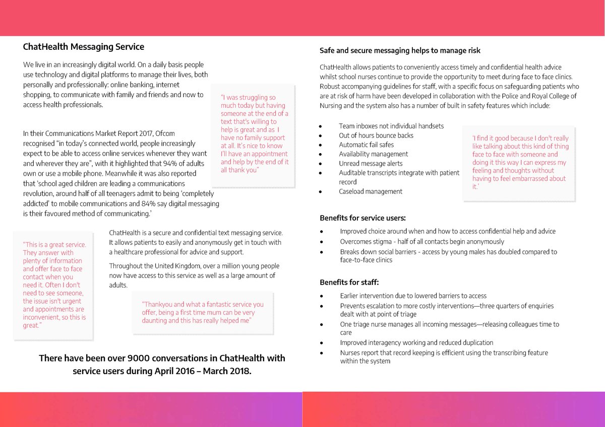 #SchoolNurses had over 500 messaging conversations with young people via #ChatHealthNHS in May. Take a look at our new leaflet to find out more #SAPHNA18