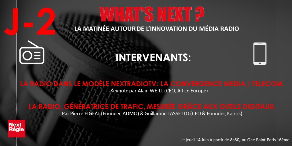 RMCBFMAds's tweet photo. J-2 avant notre matinée #WHATSNEXTRADIO au @onepoint ! De nombreux intervenants seront présents ! Des keynotes au RDV avec @Admo_tv @KairosFireTeam &amp; @alainweill nous parlera Radio 360 !📻🎙️😃 https://t.co/wfYEdDxZEM