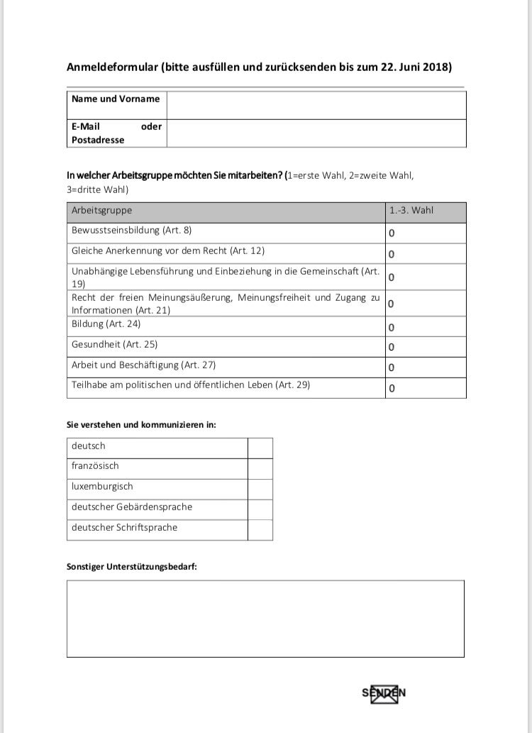 Einladung vom Familienministerium, zur Ausarbeitung des Aktionsplan 2019-2024 zur Umsetzung der UN-Behindertenrechtskonvention. Es ist für alle interessierten Personen! Wann - am 29. Juni von 17.30h bis 19.30h? Anmeldung am 22. Juni!
