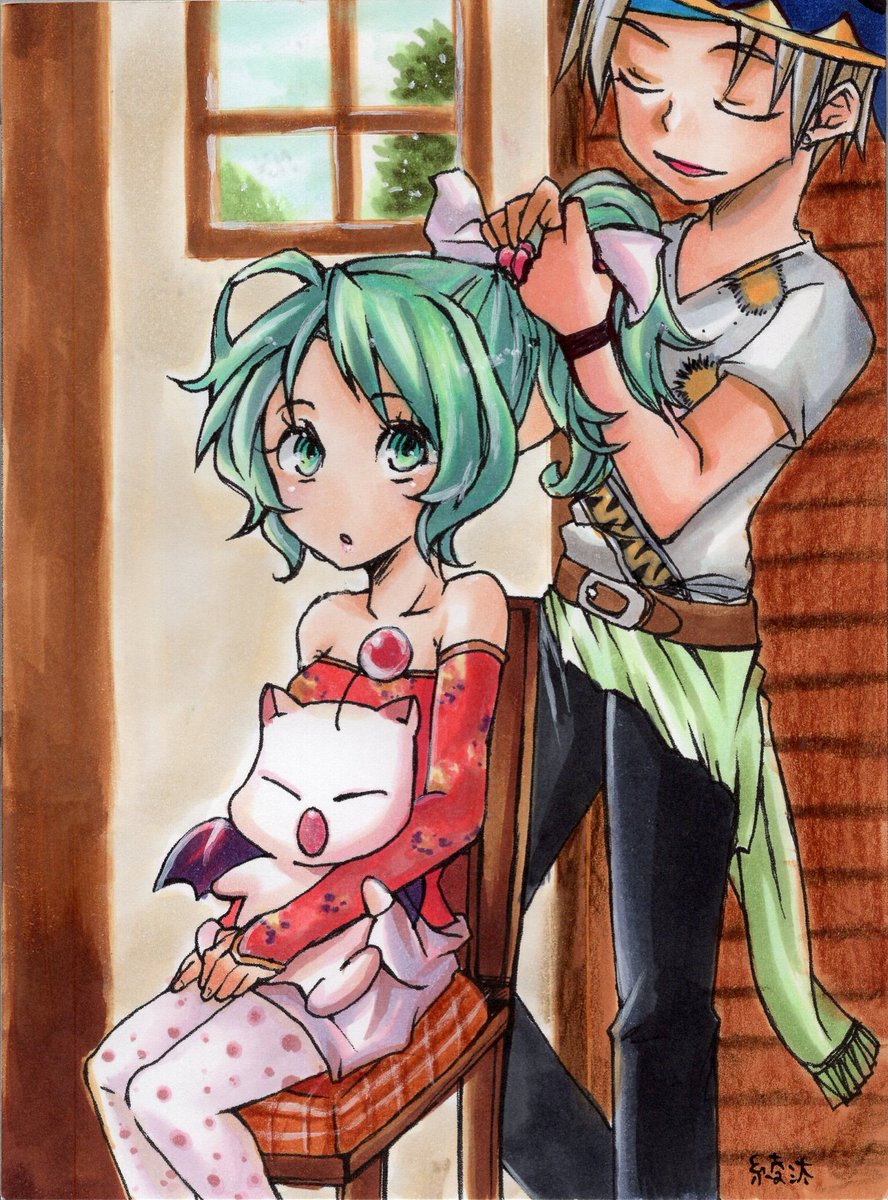 aya_taro11's tweet photo. 恋人の日ですと…⁉
過去絵だけど、ティナの髪を結んであげるロックと衝撃を受ける王様ならおります…‼

リルム描いてから気づいたけど、マッシュの小屋(ダンカン師匠の家？)でコルツ向かう前にこうなってたら王様ド肝抜くよ。
#FF6 #ロクティナ https://t.co/Ic7oGIGOJq