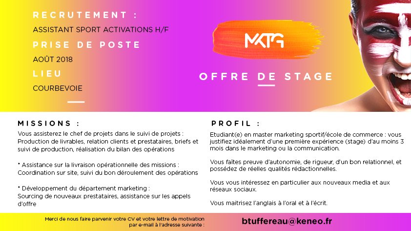keneo_france's tweet photo. Plusieurs offres de stage de 6 mois sont à pourvoir pour cet été ☀️ Rejoignez la team sport ⚽️🏈🤾‍♀️ de @MKTGFrance. A vos CVs ! https://t.co/5F3v6Nae0l