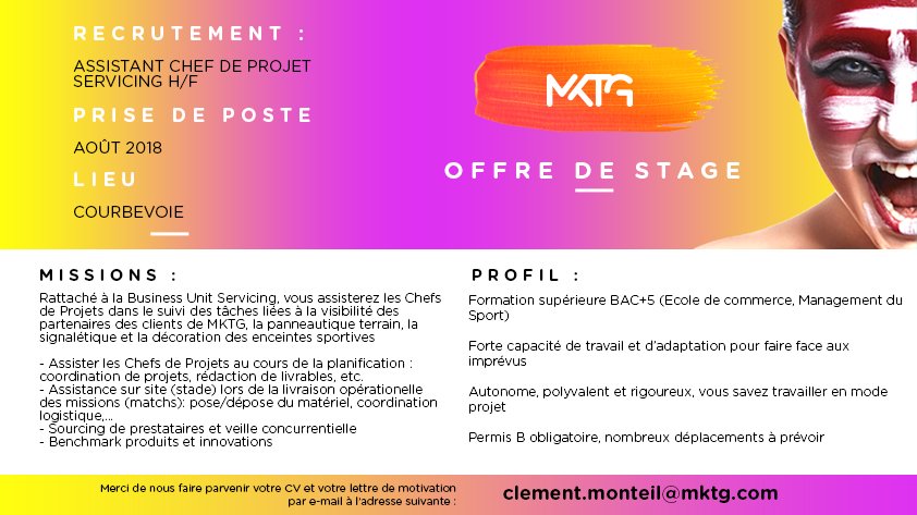 keneo_france's tweet photo. Plusieurs offres de stage de 6 mois sont à pourvoir pour cet été ☀️ Rejoignez la team sport ⚽️🏈🤾‍♀️ de @MKTGFrance. A vos CVs ! https://t.co/5F3v6Nae0l