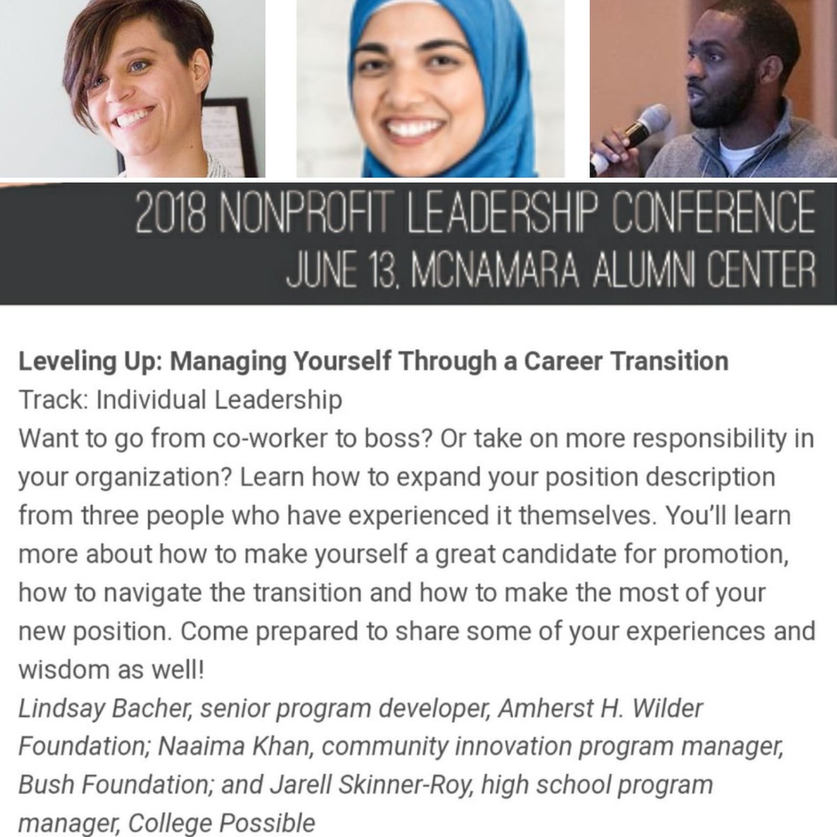 jskinnerroy's tweet photo. Come check out our 11am session tomorrow at the @SmartNonprofits 2018 Nonprofit Leadership Conference! @lindsayinMPLS, @naaimak, and I are all eager to have you join us! #NPLead18 #ynpntc https://t.co/tvfNfc8OJf