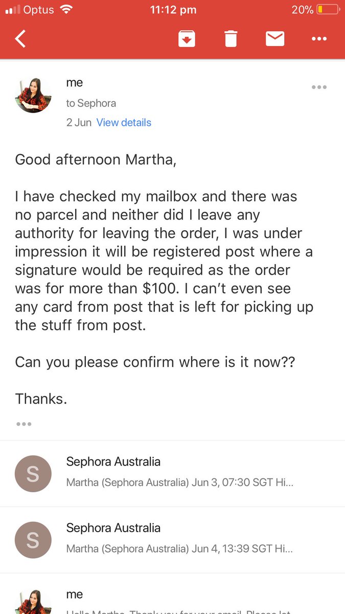 Pragati Ajmani (@pragz_1992) on Twitter photo Delivered to my work address! What a shame it is <a href="/sephoraaus/">Sephora Australia</a> that you have no respect for the customer. I’ve attached a photos of a chain mail in this tweet to show how they have been fooling me as a customer! Delivered to my work address! What a shame it is <a href="/sephoraaus/">Sephora Australia</a> that you have no respect for the customer. I’ve attached a photos of a chain mail in this tweet to show how they have been fooling me as a customer!