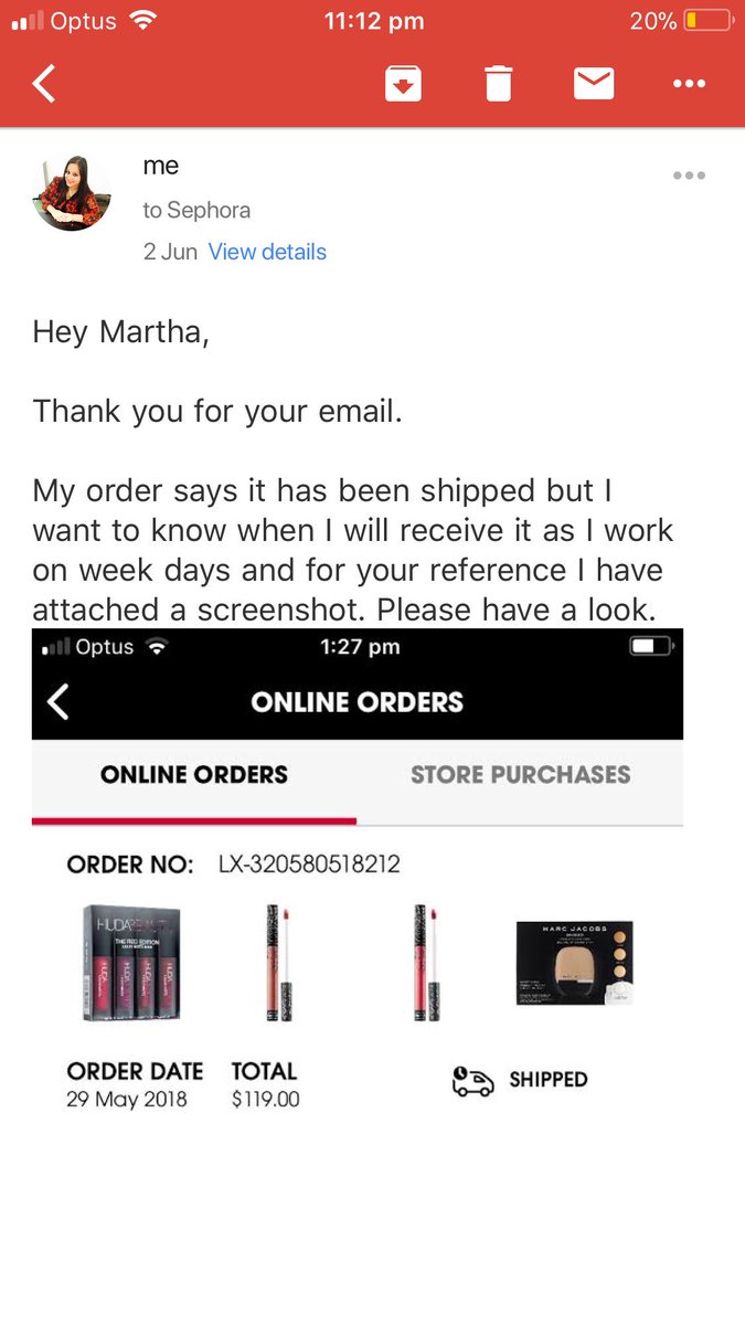 pragz_1992's tweet photo. Delivered to my work address! What a shame it is @sephoraaus  that you have no respect for the customer. I’ve attached a photos of a chain mail in this tweet to show how they have been fooling me as a customer! https://t.co/XEvUyQY09b