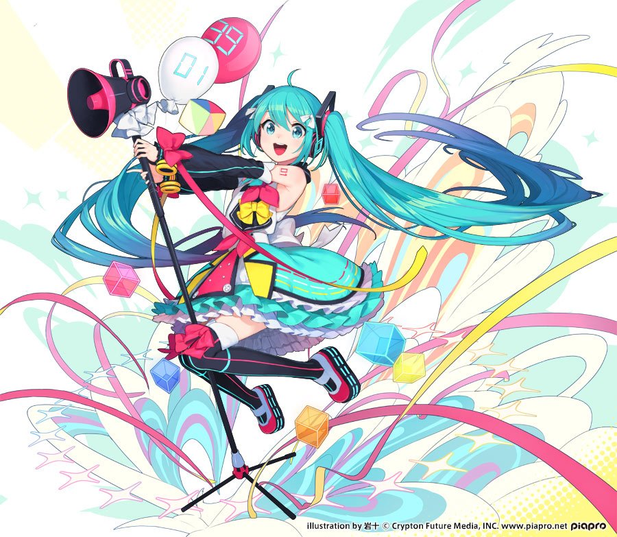 hatsune miku ,magical mirai miku 1girl solo megaphone long hair twintails detached sleeves thighhighs  illustration images