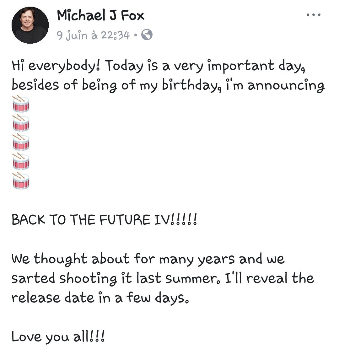 tsukumi_chan's tweet photo. Petite bombe lâchée le week-end dernier par @realmikefox à l'occasion de son anniversaire : Retour vers le Futur IV arrive bientôt !

#BackToTheFutureIV #backtothefuture #movie #classical #happybirthday https://t.co/PBQGPF6YoR