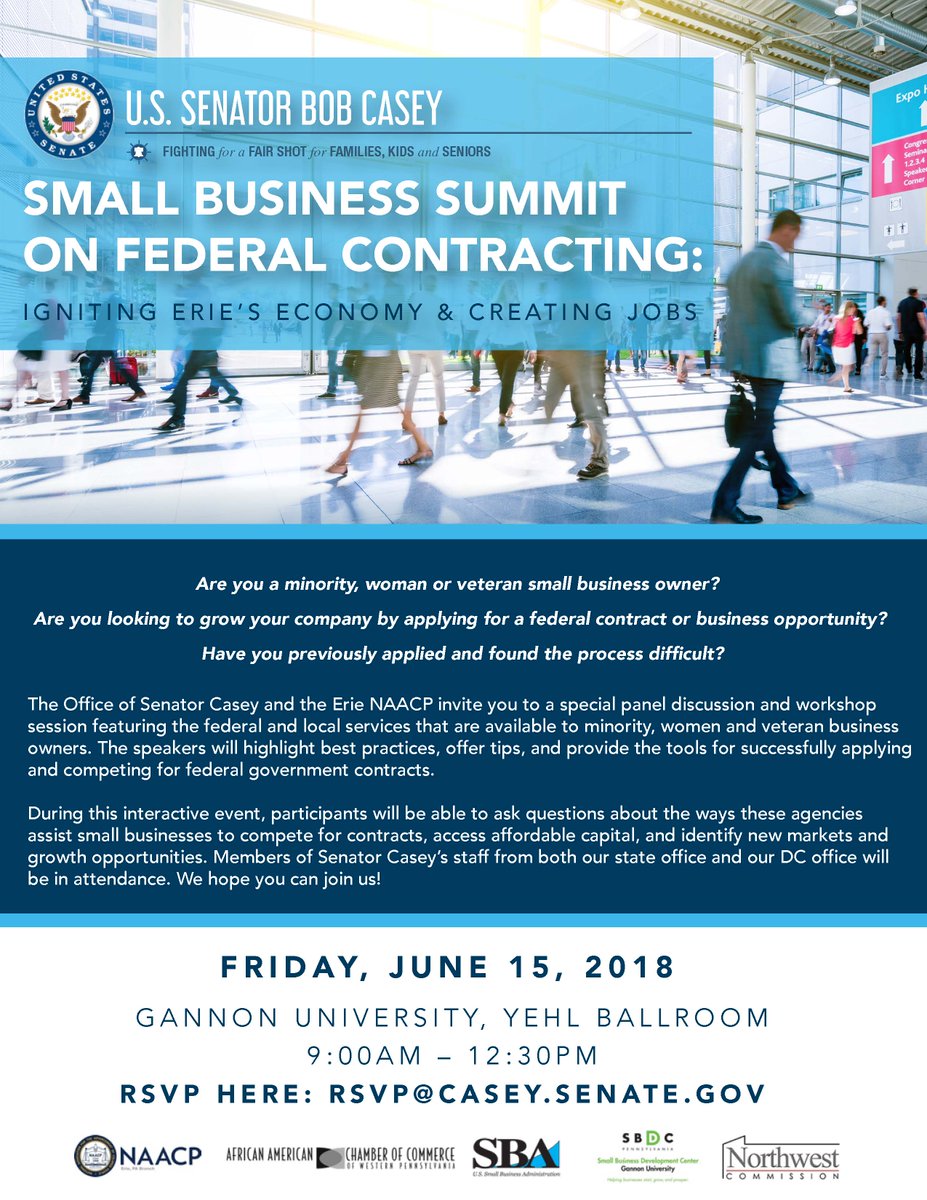 Want to sell to the federal government, but don't know where to start?  Start here: on Friday the office of Senator Casey and the Erie NAACP invite you to a FREE panel discussion and workshop on opportunities available to minority-, women- and veteran-owned businesses.