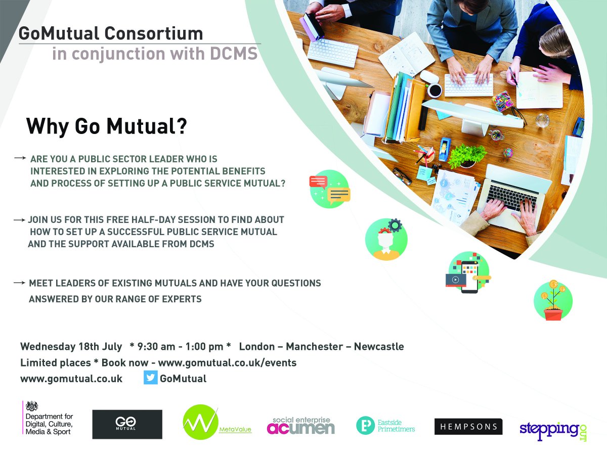 SteppingOutBiz's tweet photo. Are you a #publicsector leader interested in becoming a #publicservicemutual ?  Join us &amp;  @DCMS at our FREE event 18/7/18 - find out more about the benefits &amp; support available under Mutual Support Programme 2 #london #manchester #newcastle  Tickets via: https://t.co/PGvQB8y9RD https://t.co/ObqPJZT8vo
