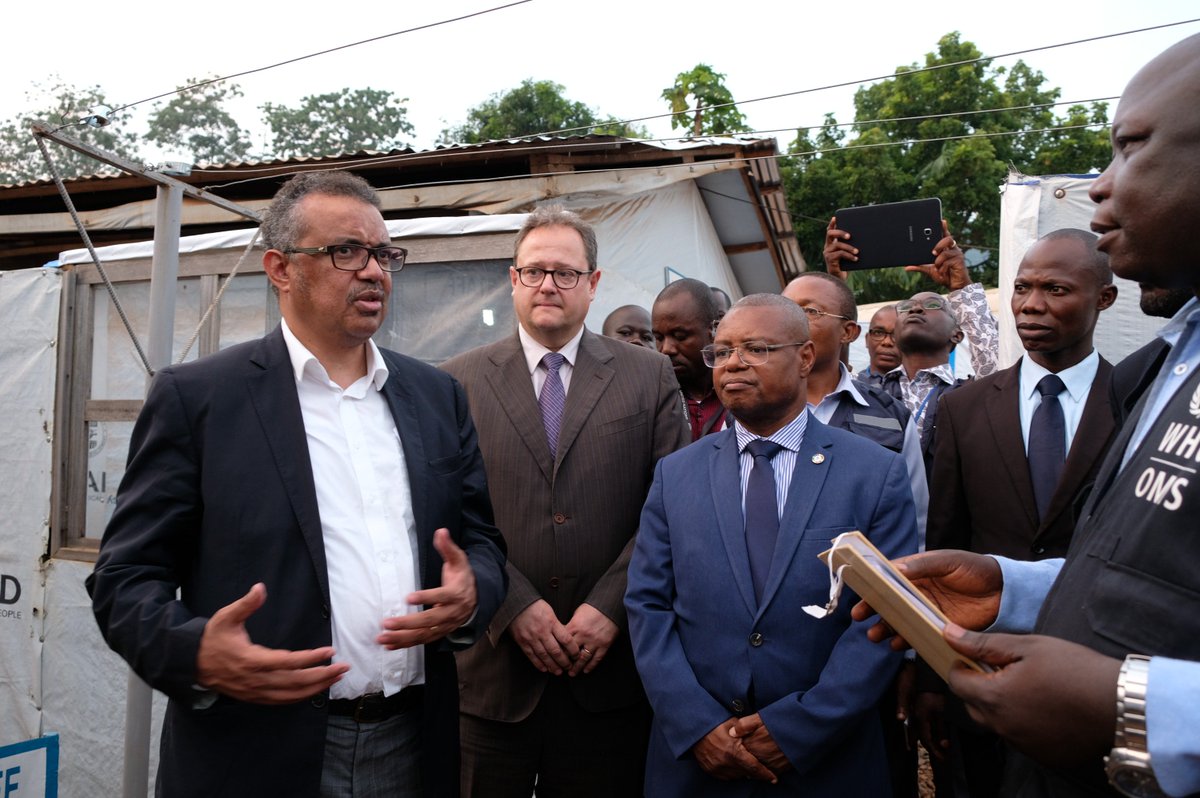 WHO's tweet photo. .@DrTedros visited Central African Republic. The country has taken steps to prepare for a potential case of #Ebola. 🇨🇫 has set up a treatment centre and reinforced surveillance. CAR is one of 9 countries neighboring #DRC taking preparedness measures. https://t.co/5XQZgH2tiZ