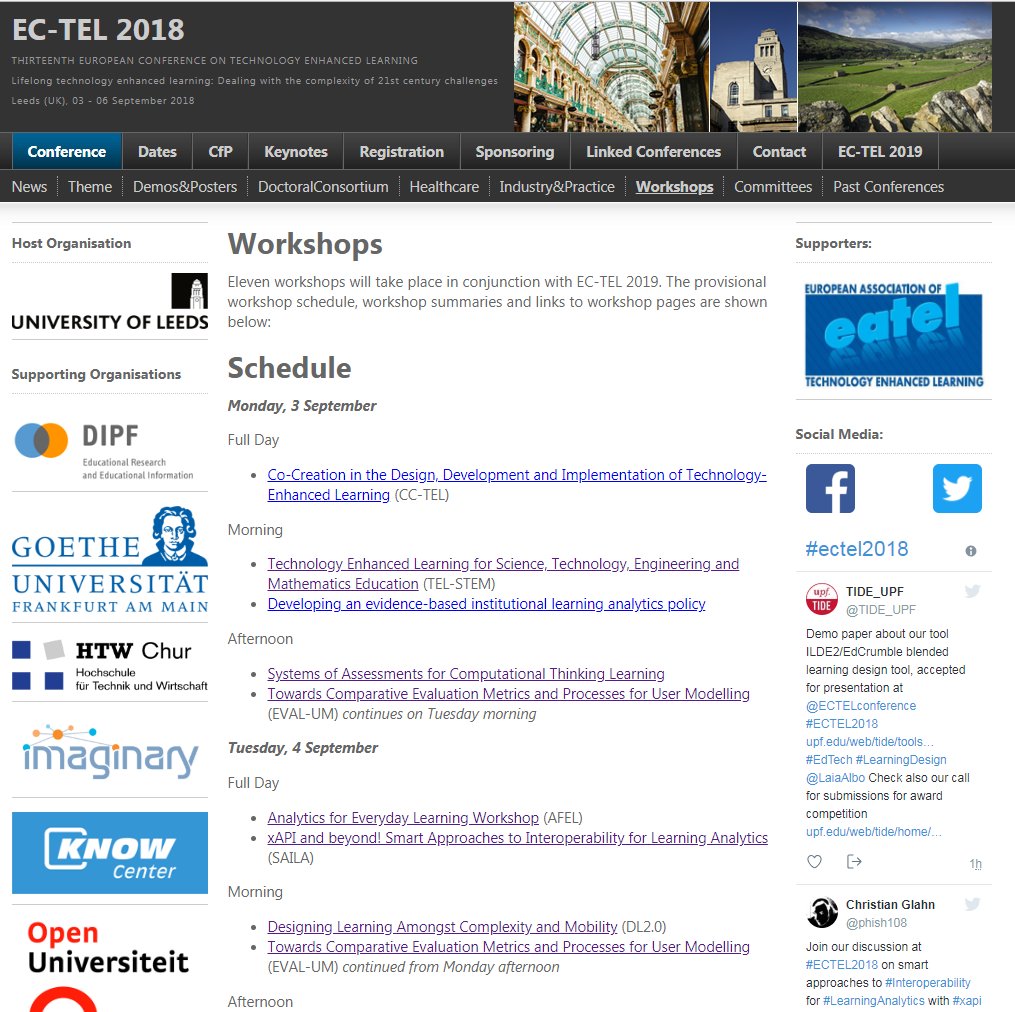 ECTELconference's tweet photo. #ECTEL2018 is hosting 11 workshops with topics including #LearningAnalytics #CoCreation #UserModelling #LearningDesign & much more. Come and take part - calls for papers are open - https://t.co/ThYn3rGxdM #CFP #EdTech #eLearning #mLearning #HEETEL https://t.co/WZHy4LzJRo