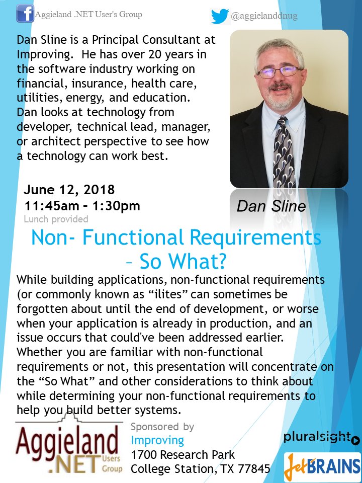 aggielanddnug's tweet photo. Join us at @Improving College Station for lunch and a discussion about those pesky non-functional requirements we all have to deal with.  Presentation by Dan Sline of @ImprovingHou https://t.co/z8u81xX8lj