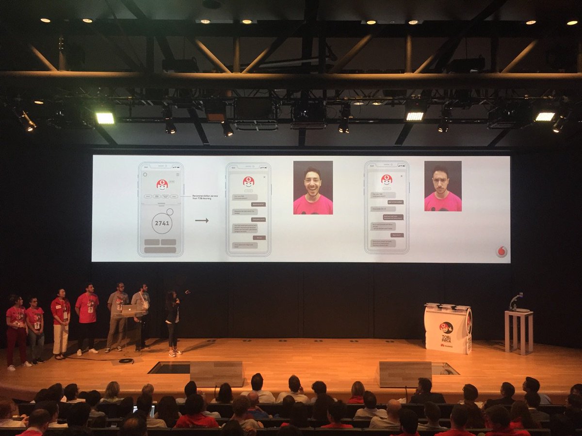 VodafoneIT's tweet photo. Uno alla volta, i gruppi partecipanti a #TOBiHack salgono sul palco del Vodafone Theatre per raccontarci come si immaginano il futuro di TOBi. https://t.co/qe3SOCHFOI